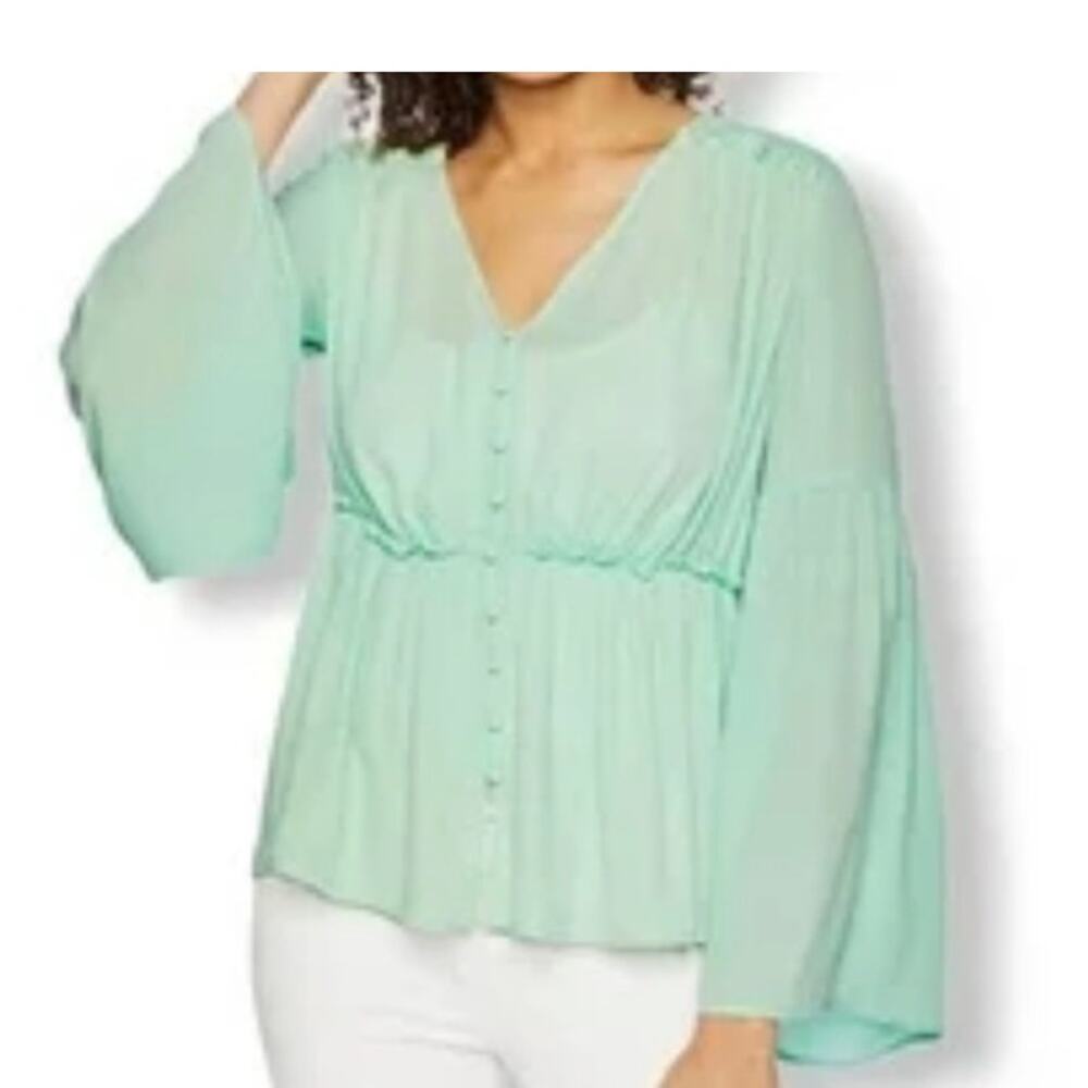 Catherine Malandrino Seafoam Green Bell Sleeve Blouse Womens Small Boho V Neck